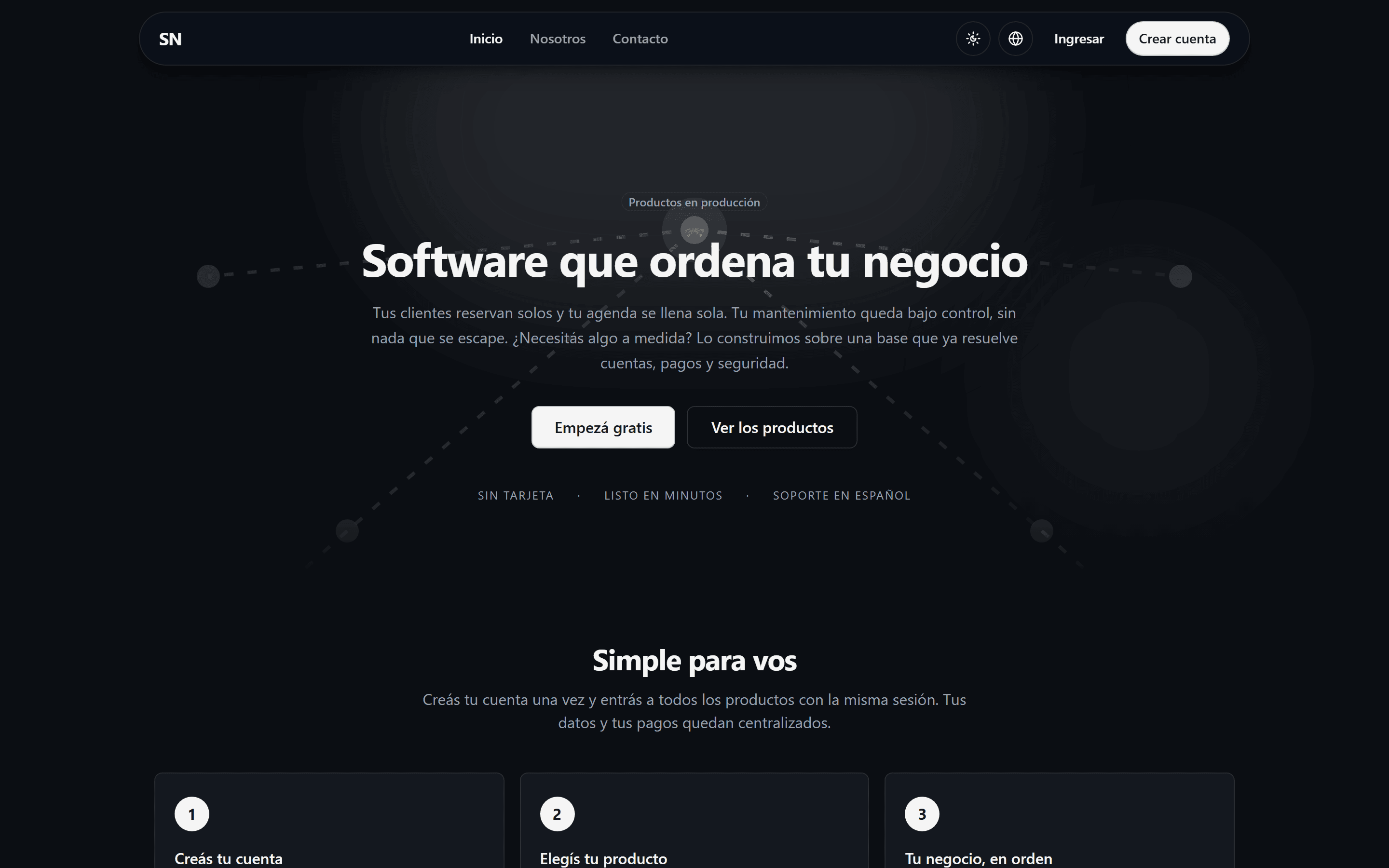 El home del hub en producción: titular, bajada y los tres pasos para crear la cuenta.
